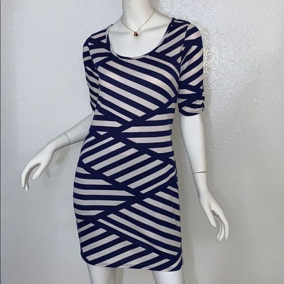 Blue & Cream Stripe Knit Sheath Dress Medium  - Picture 2 of 7